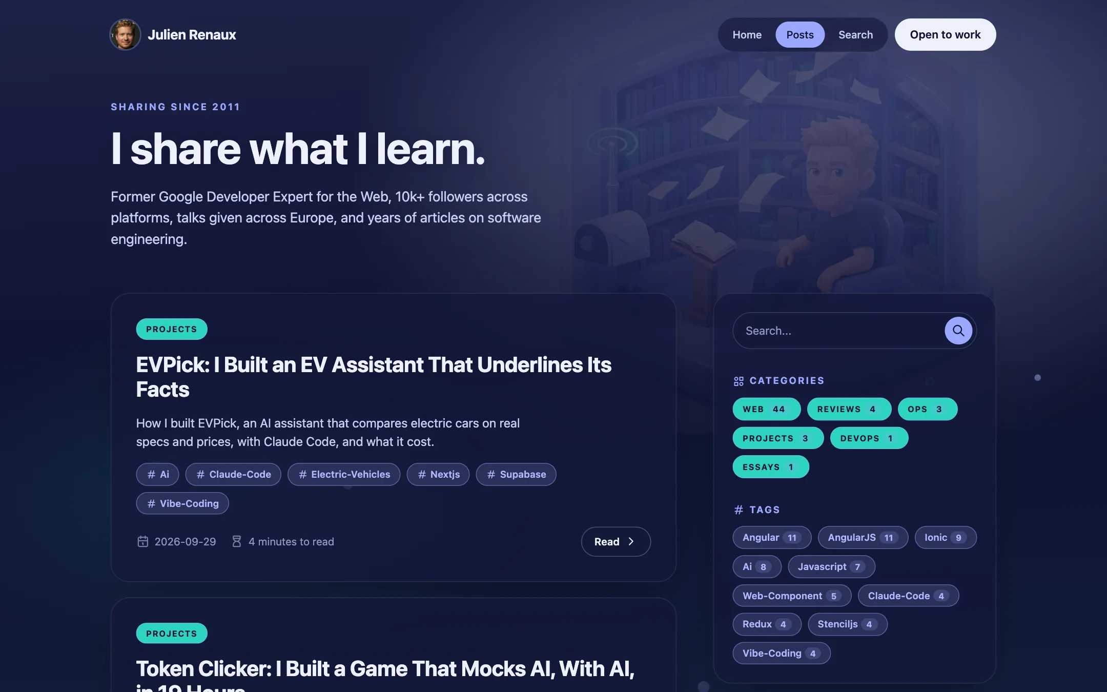 The blog index in dark mode, with the latest posts as cards and a sidebar with search, categories and tags