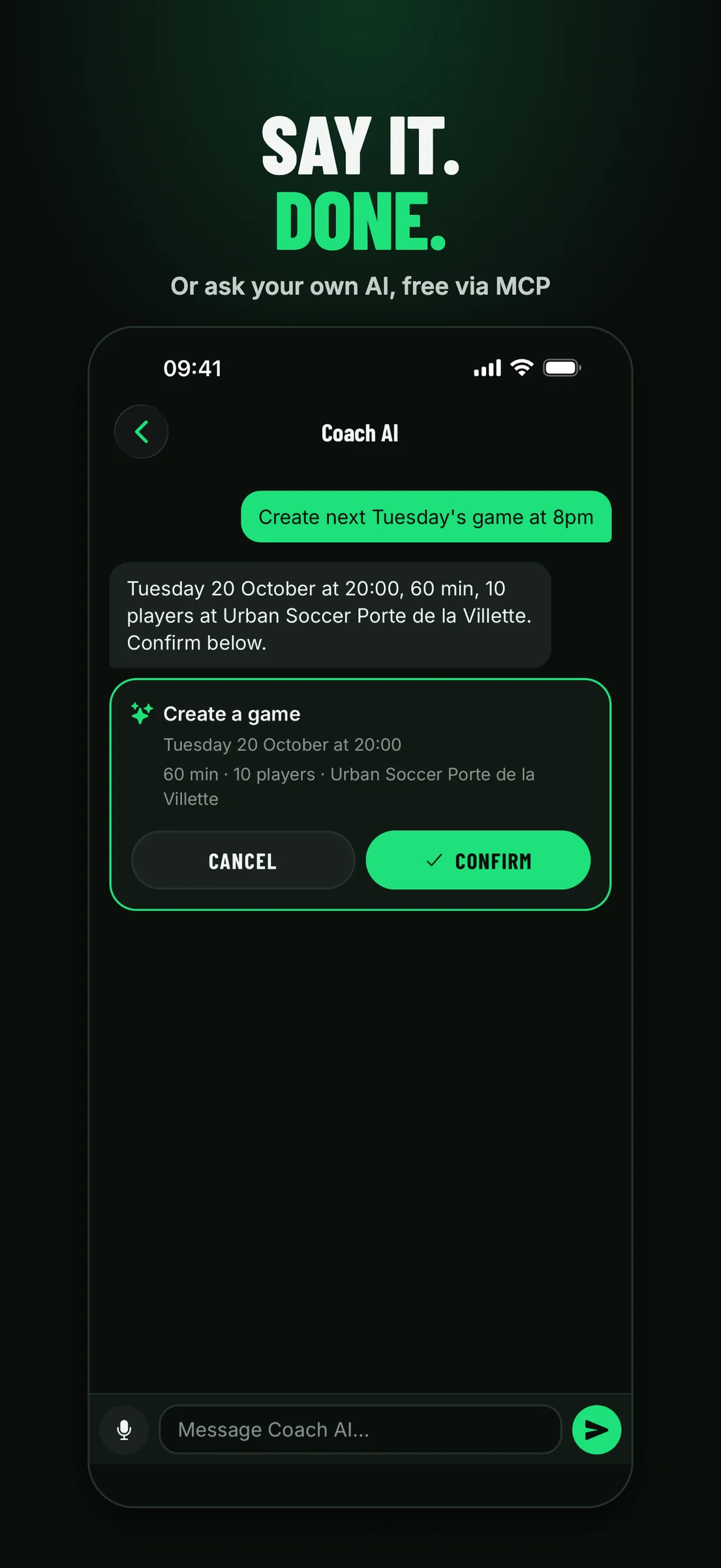 Coach AI turning "Create next Tuesday's game at 8pm" into a game card that the organiser confirms or cancels