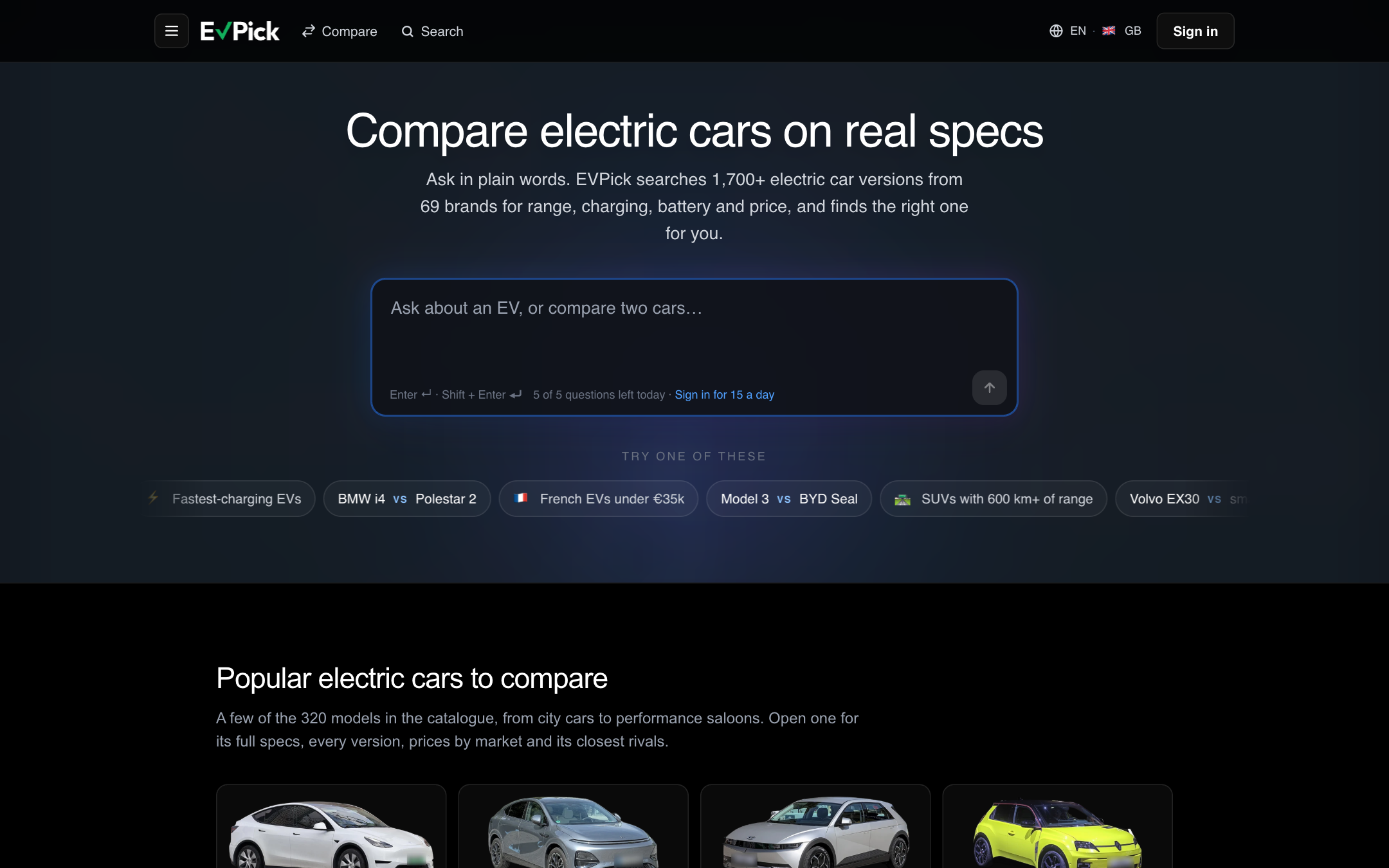 EVPick home page on desktop with the headline "Compare electric cars on real specs", the question box and starter prompts such as "Model 3 vs BYD Seal"
