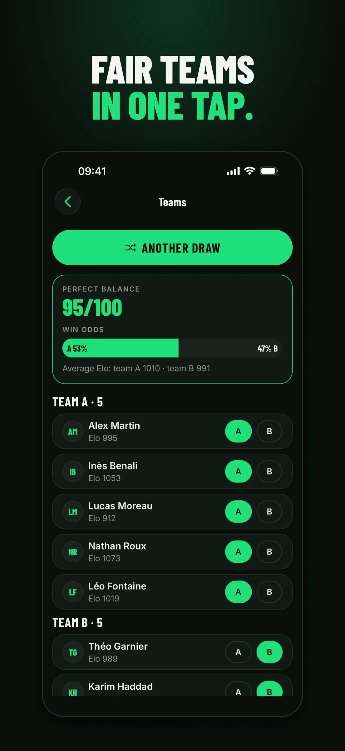 Two balanced teams of five with a 95 out of 100 balance score, the win odds and each player's Elo, under an Another draw button