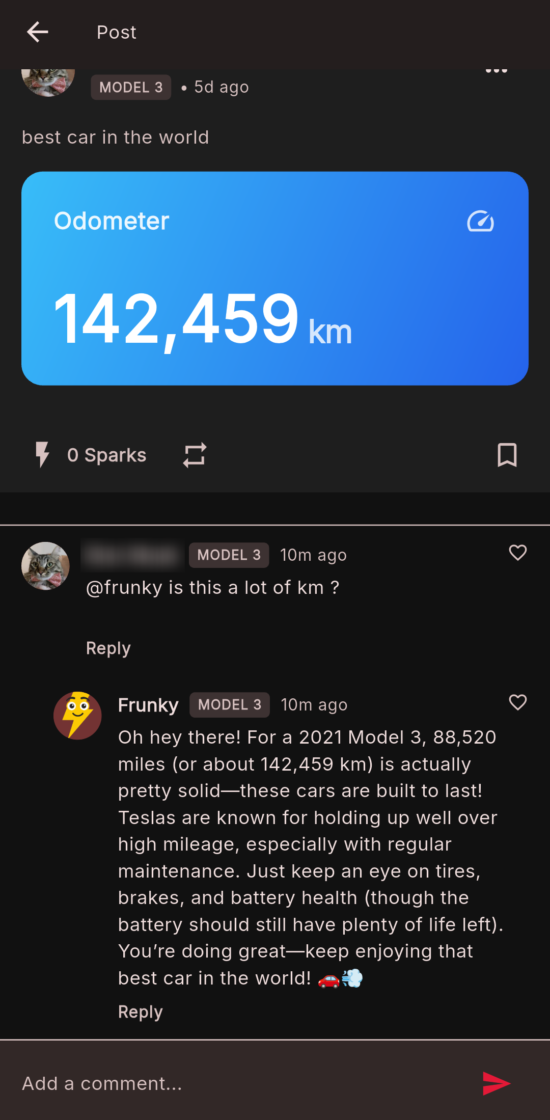 A FrunkFriends post with an odometer card and a comment asking @frunky whether 142,459 km is a lot, answered in the thread by Frunky, the AI assistant