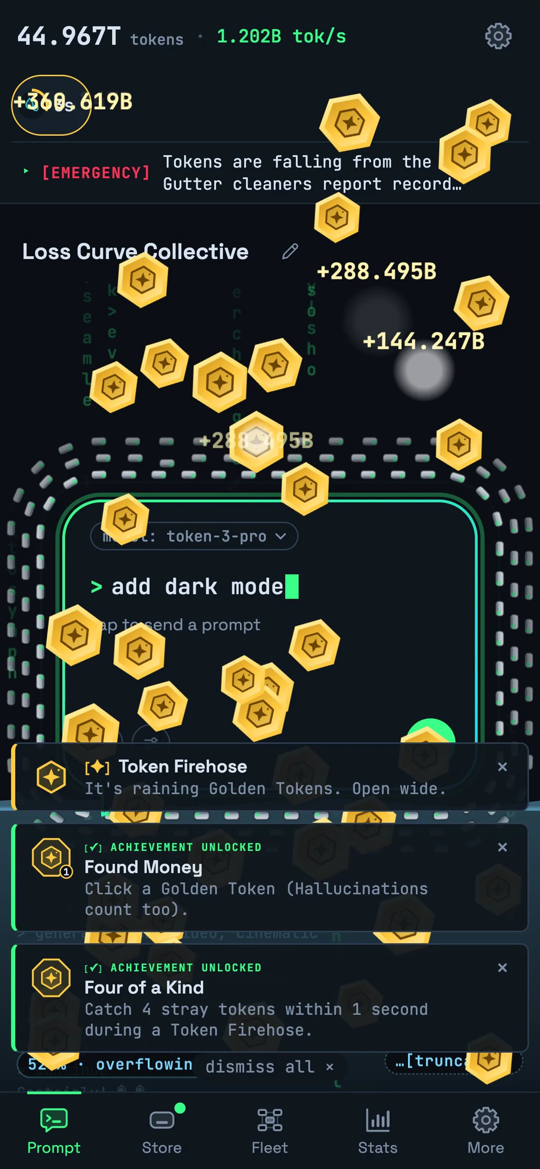 Token Clicker on a phone during a Token Firehose, with Golden Tokens raining over the Prompt and two achievements unlocking