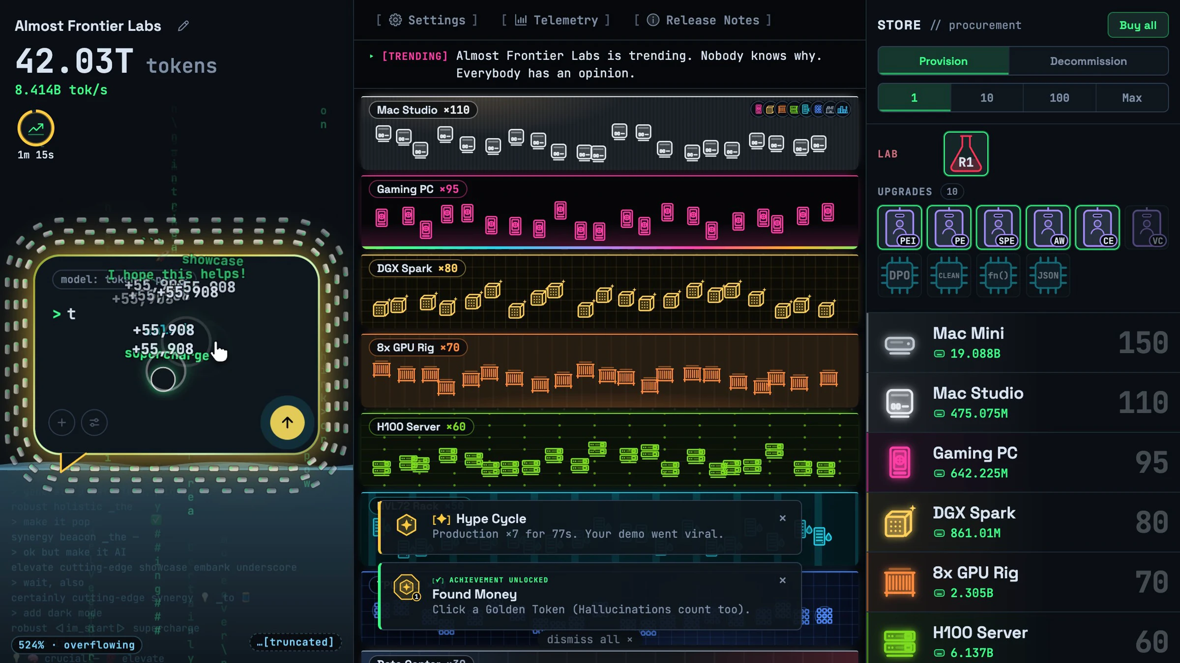 A Golden Token triggers the Hype Cycle boost, multiplying production for 77 seconds while token counts fly off the Prompt