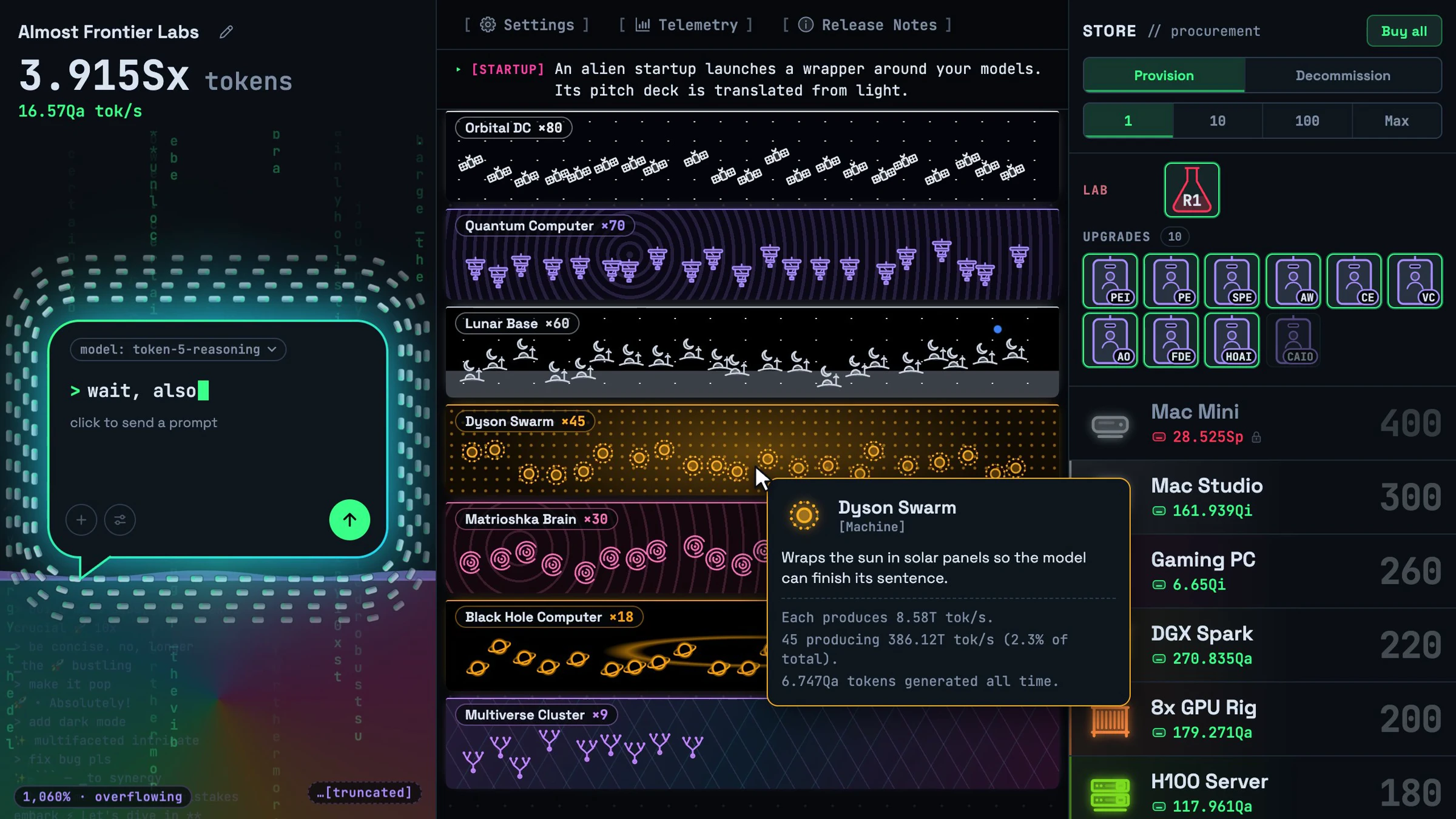 Token Clicker late game on desktop, with a fleet of machines from Orbital data centers to a Multiverse Cluster and the Dyson Swarm tooltip open next to the store