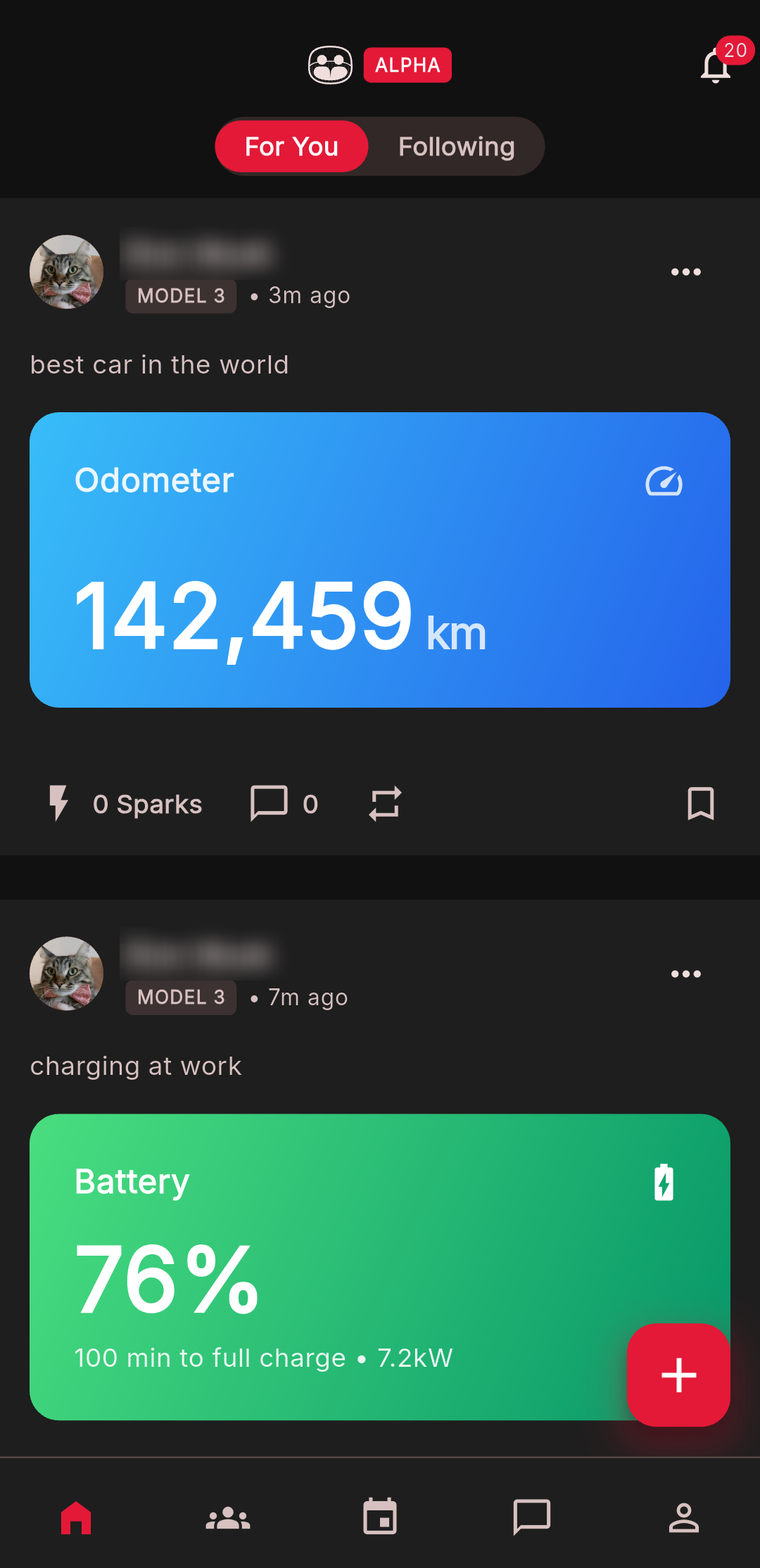 FrunkFriends feed on Android with two posts sharing live car cards, an odometer reading of 142,459 km and a battery at 76% charging at 7.2 kW, with member names blurred