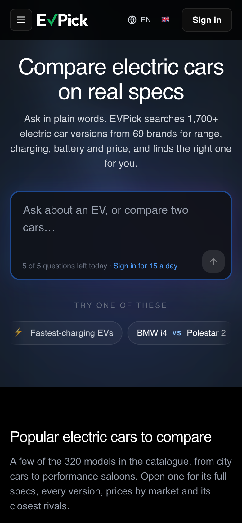 EVPick home page on a phone in dark mode with the question box and a "5 of 5 questions left today" counter