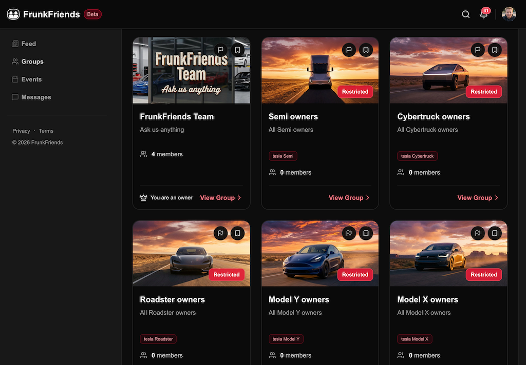 FrunkFriends web app groups grid with the FrunkFriends Team group and restricted owner groups for the Semi, Cybertruck, Roadster, Model Y and Model X