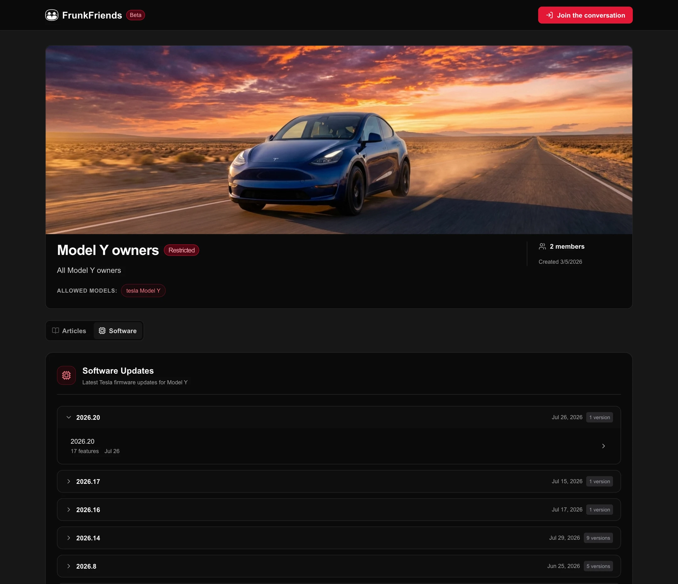 FrunkFriends web app page for the Model Y owners group, restricted to Model Y owners, listing Tesla software updates by version and release date