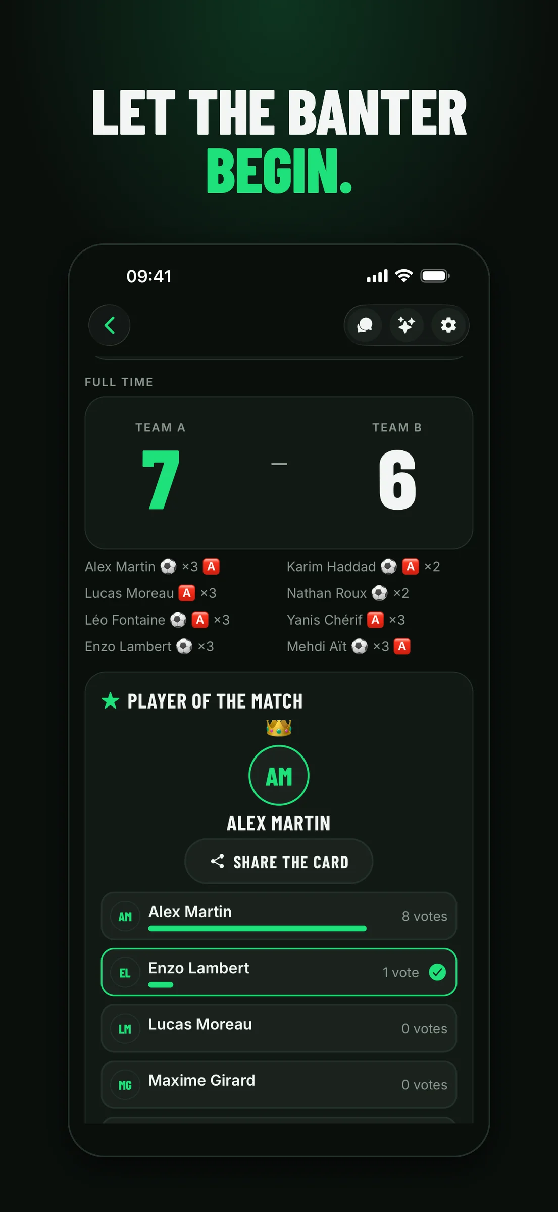 A 7–6 full-time score with the scorers, followed by the Player of the Match vote and a card to share