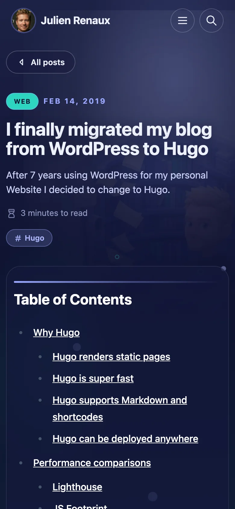 The 2019 post about moving the blog from WordPress to Hugo, on a phone in dark mode, with its table of contents