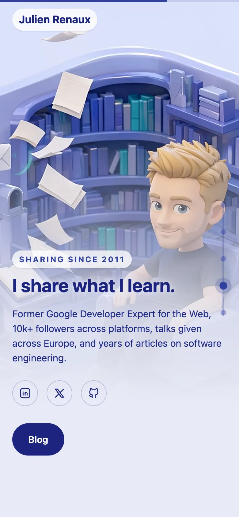 The homepage on a phone, where a portrait version of the 3D world plays as you scroll, here on the Sharing knowledge scene
