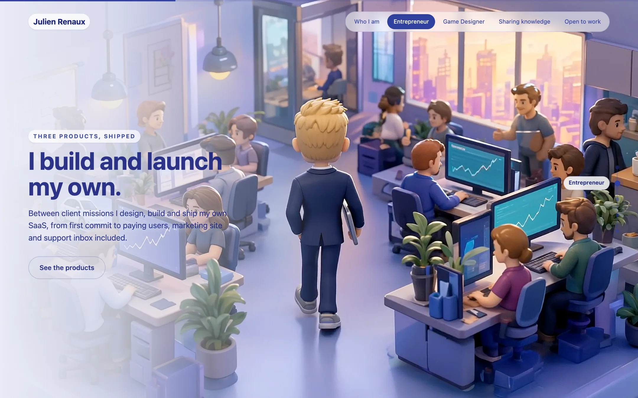 The homepage camera flight over a 3D office scene that introduces the products, with the See the products button
