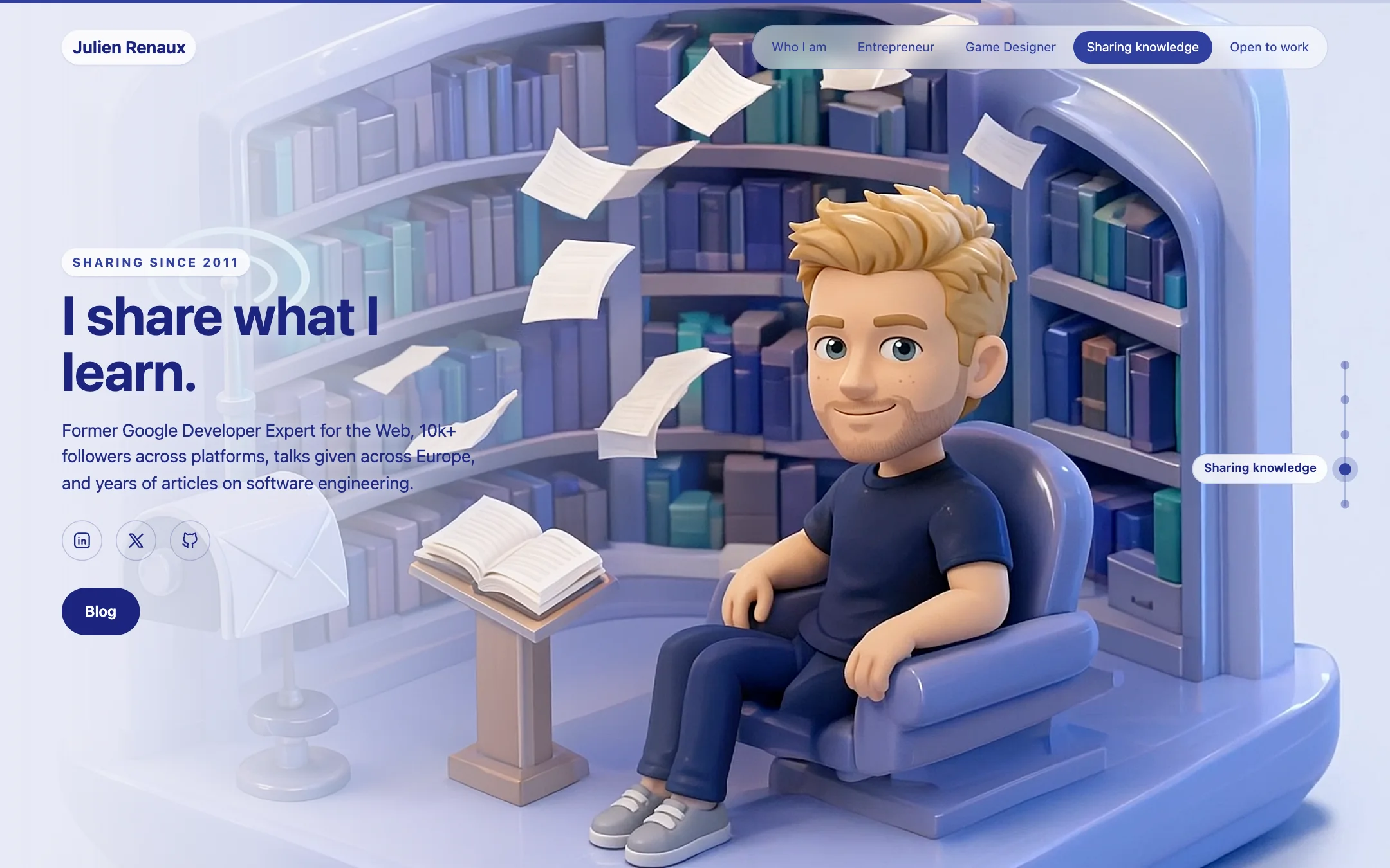 The julienrenaux.fr homepage on desktop, paused on the Sharing knowledge scene, a 3D reading room with flying pages, next to the button that opens the blog