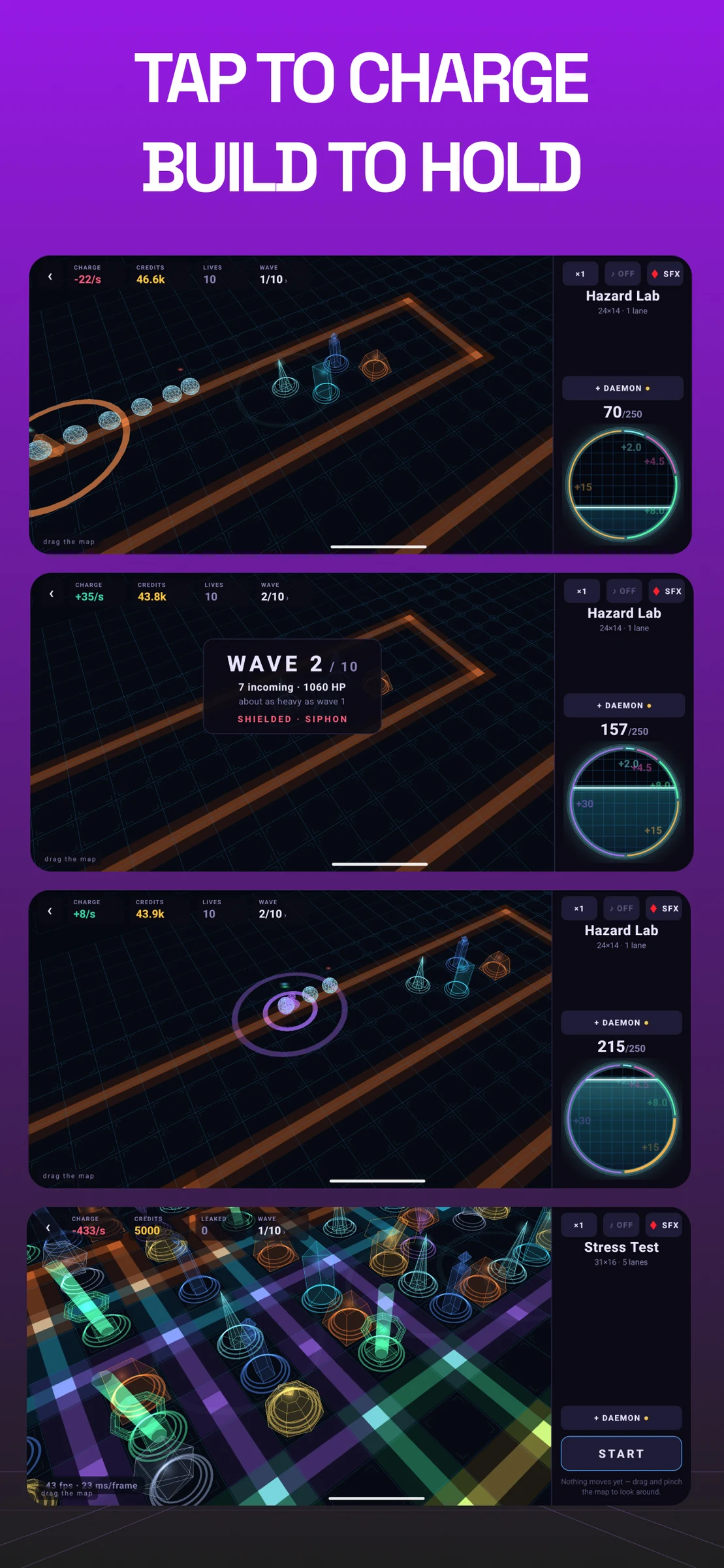 App Store screenshot captioned "Tap to charge, build to hold" with four gameplay shots of glowing towers on a neon grid and the charge core on the right
