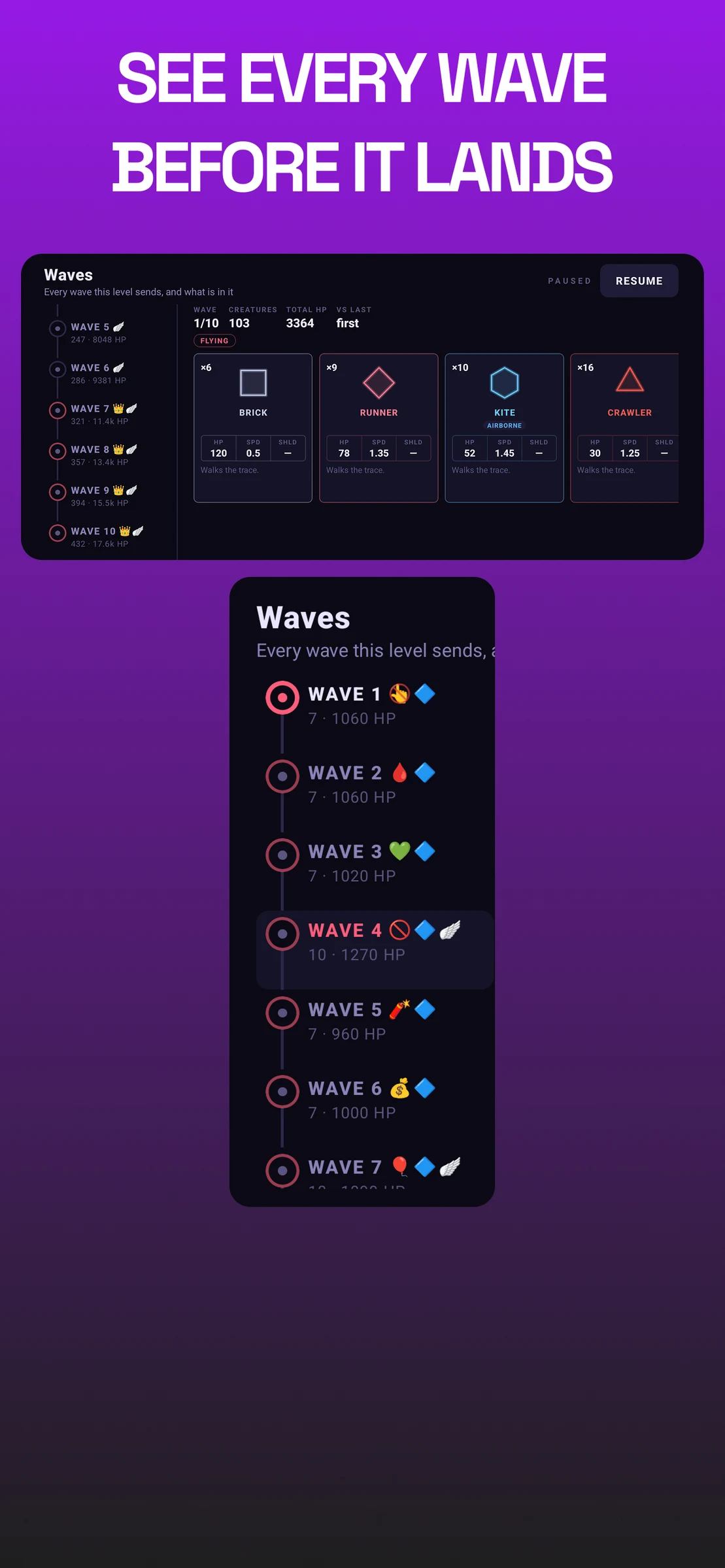 App Store screenshot captioned "See every wave before it lands" showing the paused wave list and the creature cards for the next wave