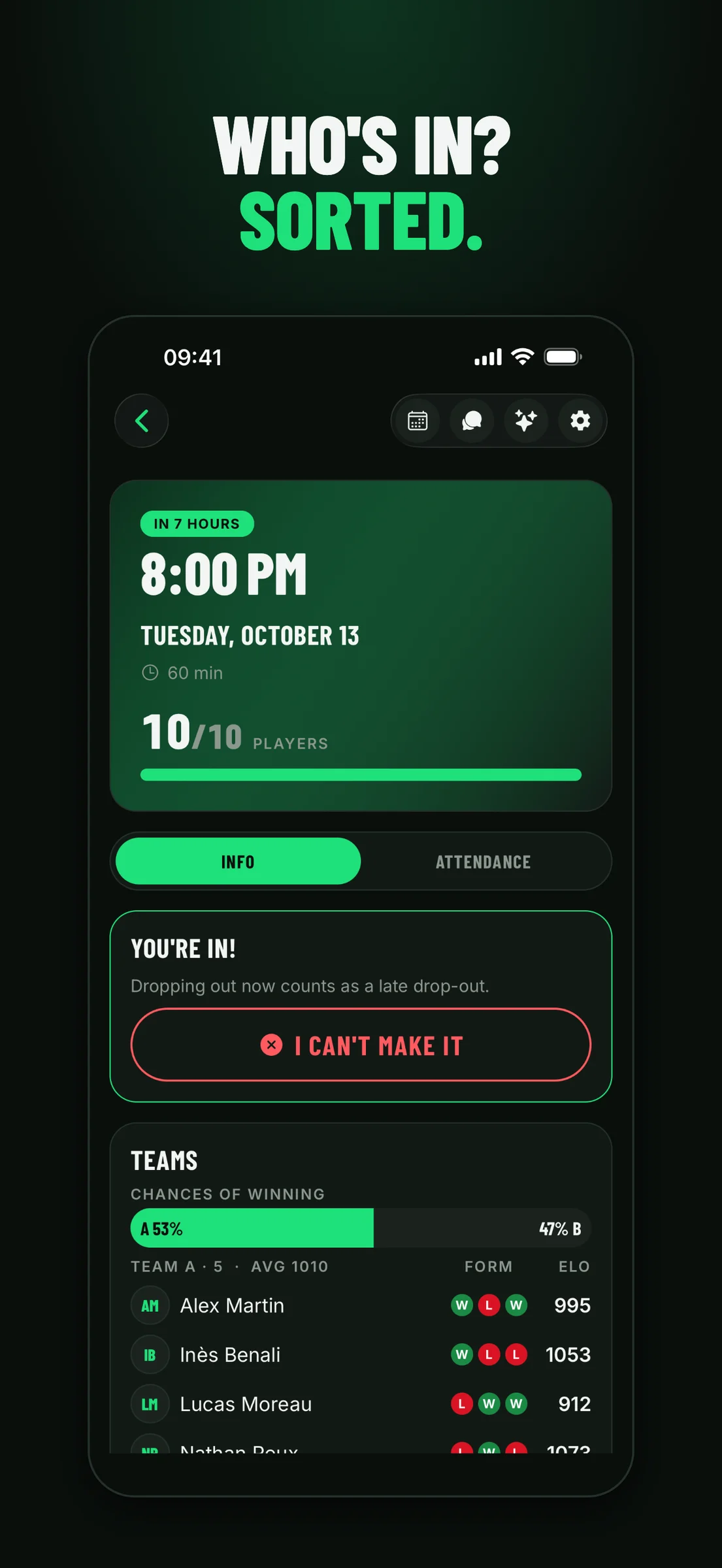Qrew Football game screen for Tuesday at 8 PM, with 10 of 10 players in, an "I can't make it" button and both teams with their chances of winning